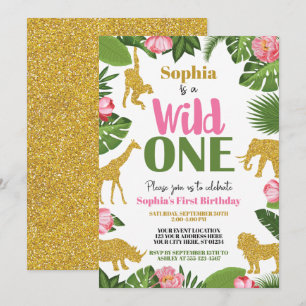 Wild One Safari 1st Birthday Invitation Girl Gold