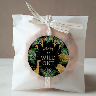 Wild One Safari 1st Birthday Party Green Black Classic Round Sticker