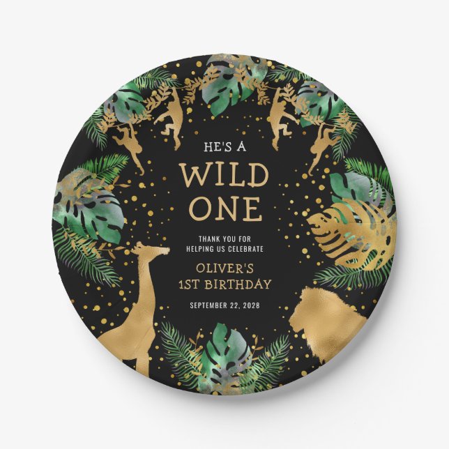 Wild One Safari 1st Birthday Party Green Black Paper Plate (Front)