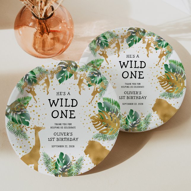 Wild One Safari 1st Birthday Party Green Gold Paper Plate (Creator Uploaded)