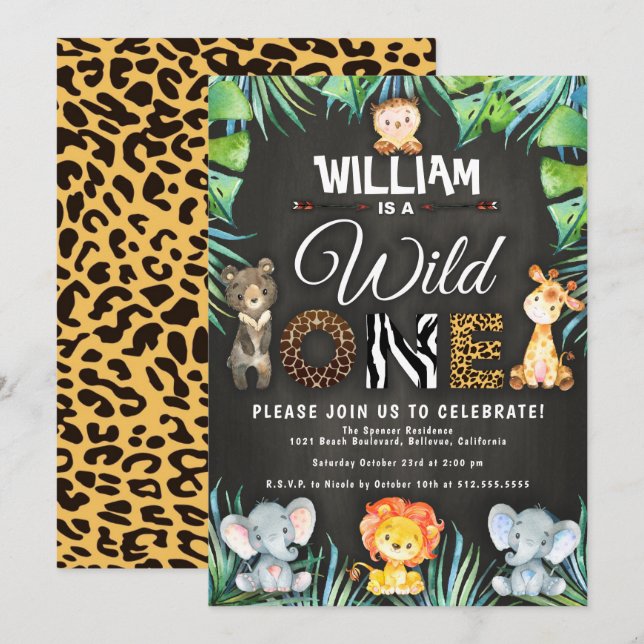 Wild One Safari 1st Birthday Party Invitation (Front/Back)