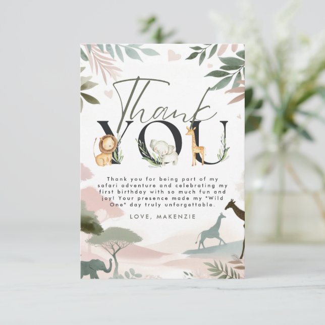 Wild One Safari 1st Birthday Party Thank You Card (Standing Front)