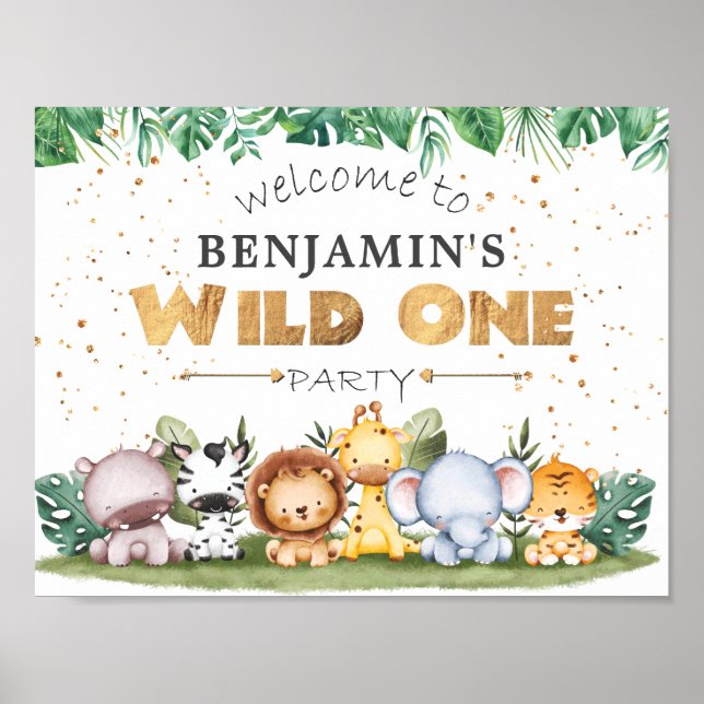 Wild One Safari 1st Birthday Party Welcome Poster (Front)