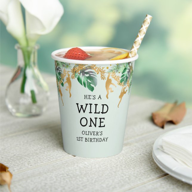 Wild One Safari 1st Birthday Pastel Green Gold Paper Cups (Insitu)