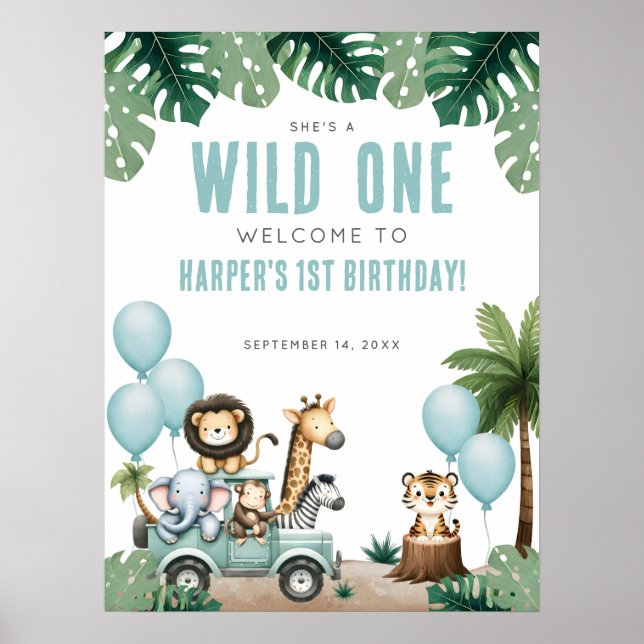 Wild One Safari 1st Birthday Welcome Poster (Front)