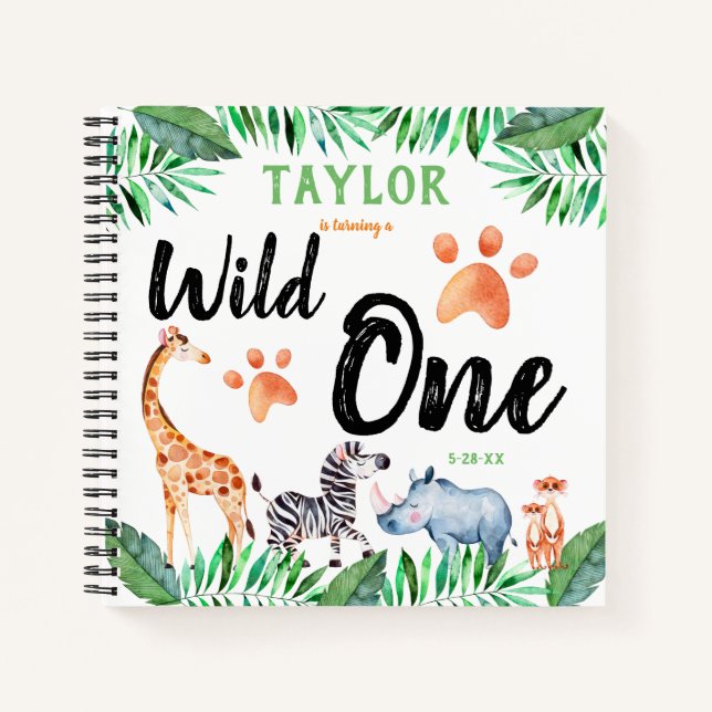 Wild One Safari Animal 1st Birthday Party Guest Notebook (Front)