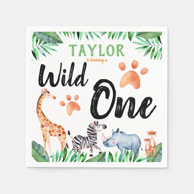 Wild One Safari Animal 1st Birthday Party Napkin (Front)