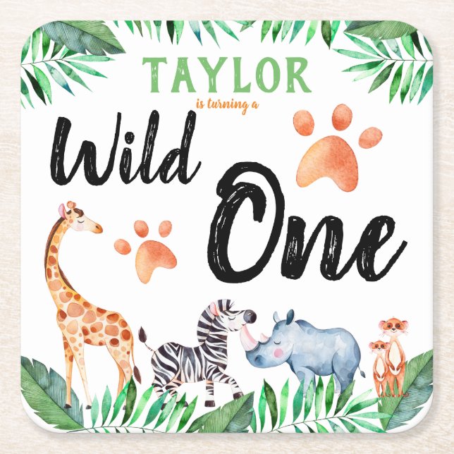 Wild One Safari Animal 1st Birthday Party Square Paper Coaster (Front)