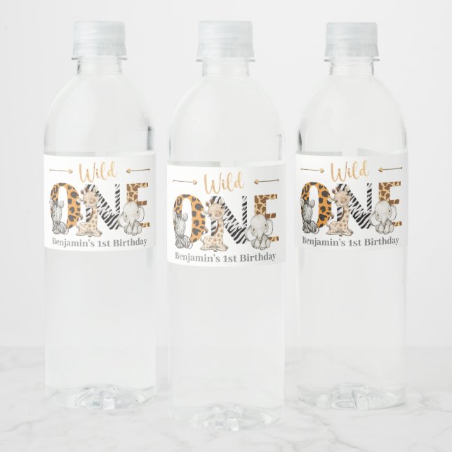 Wild One Safari Animal 1st Birthday Water Bottle L Water Bottle Label (Bottles)