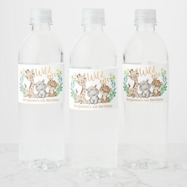 Wild One Safari Animal 1st Birthday Water Bottle Label (Bottles)