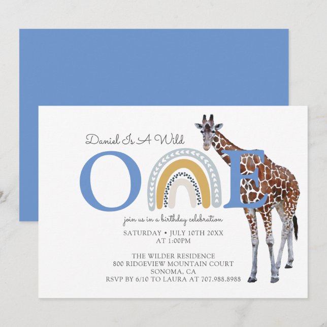 Wild One Safari Animal Blue Boy's First Birthday Invitation (Front/Back)