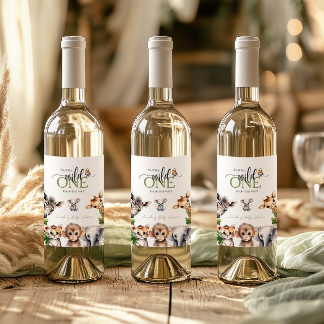 Wild One Safari Animal Jungle Baby Shower Wine Label (Creator Uploaded)