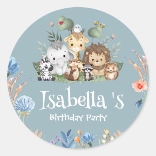 Wild one safari animal jungle Floral Birthday name Classic Round Sticker