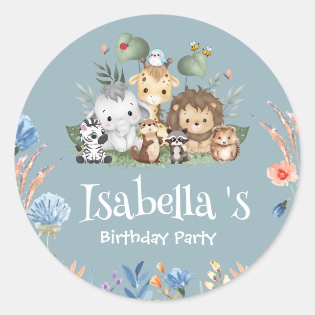 Wild one safari animal jungle Floral Birthday name Classic Round Sticker (Front)