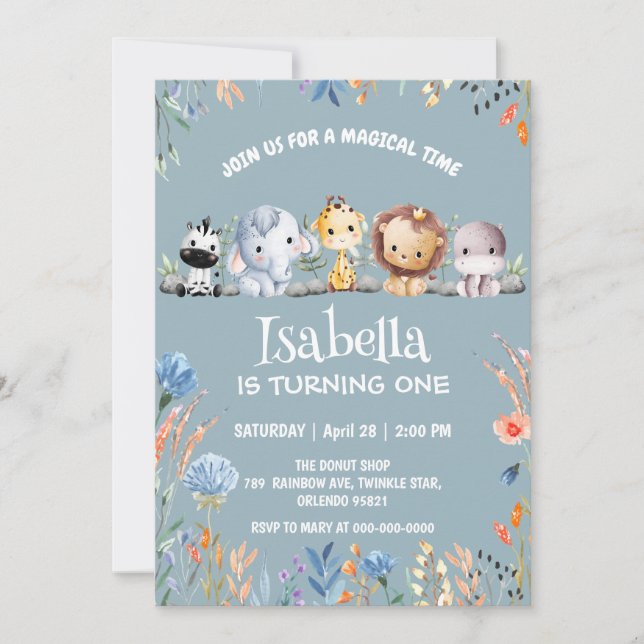 Wild one safari animal jungle Floral Birthday name Invitation (Front)