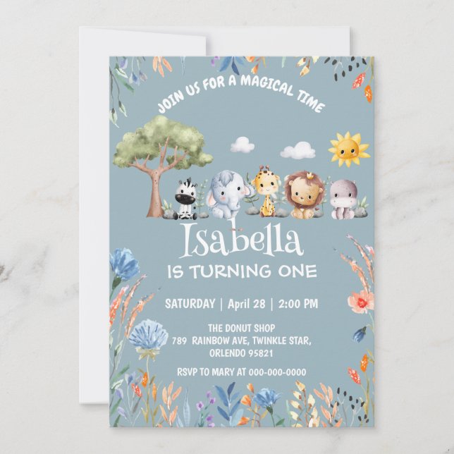 Wild one safari animal jungle Floral Birthday name Invitation (Front)