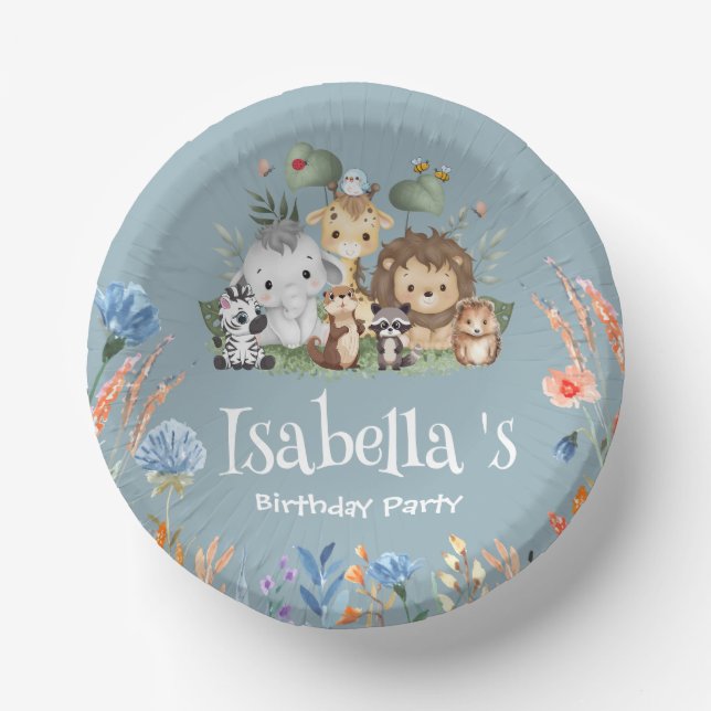 Wild one safari animal jungle Floral Birthday name Paper Plate (Front)