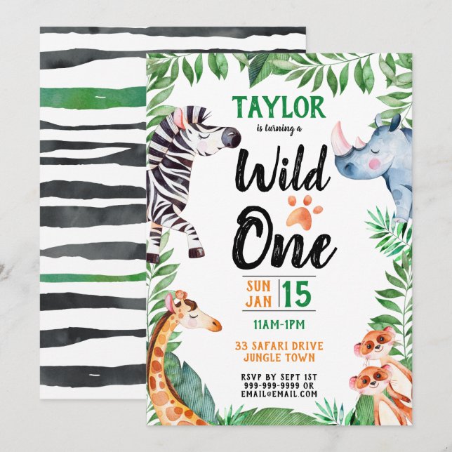 Wild One Safari Animal Kids 1st Birthday Invitation (Front/Back)