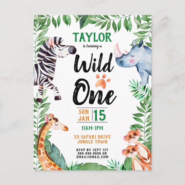 Wild One Safari Animal Kids 1st Birthday Invitation Postcard (Front)
