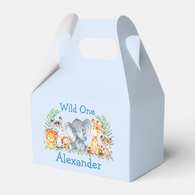 Wild One Safari Animals 1st Birthday Blue Favour Box (Front Side)