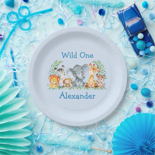 Wild One Safari Animals 1st Birthday Blue Paper Plate (Party)