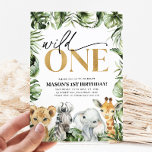 Wild One Safari Animals 1st Birthday Boys Invitation<br><div class="desc">Wild One 1st birthday invitation featuring cute safari animals - Lion,  Elephant,  Zebra,  Giraffe and jungle greenery leaf design.</div>