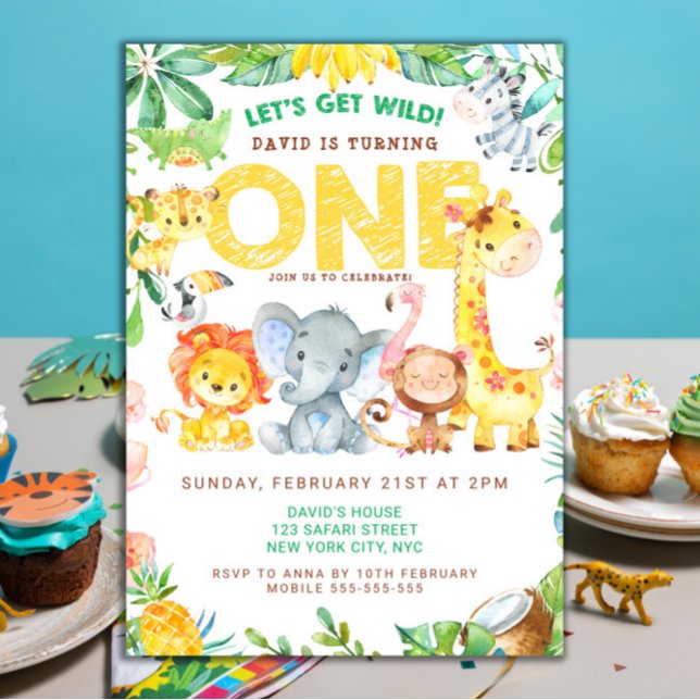Wild One Safari Animals 1st Birthday Boys  Invitation (Safari Party Jungle Animals Boy First Birthday Invitation )