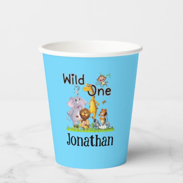 Wild One Safari Animals 1st Birthday cartoon Invit Paper Cups (Front)