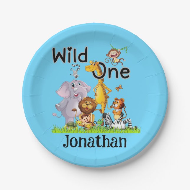 Wild One Safari Animals 1st Birthday cartoon Invit Paper Plate (Front)