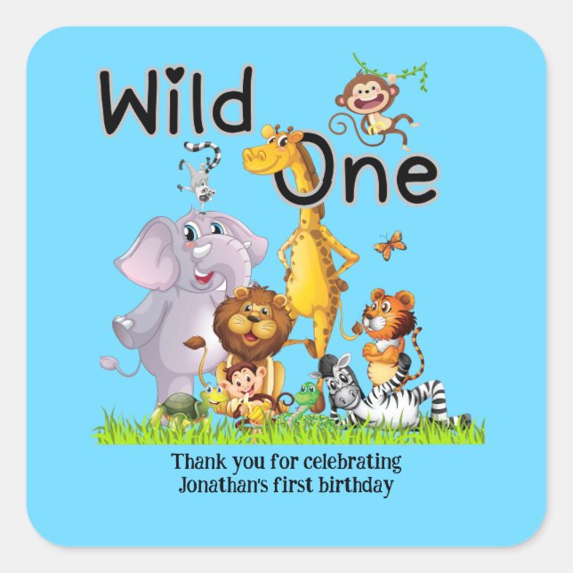 Wild One Safari Animals 1st Birthday cartoon Invit Square Sticker (Front)