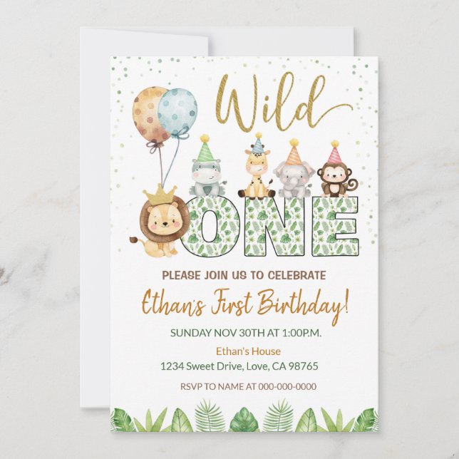 Wild One Safari Animals 1st Birthday Invitation (Front)