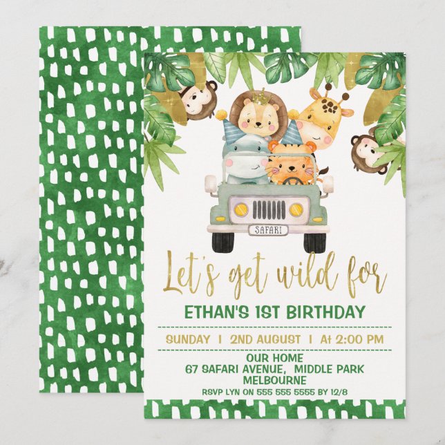 Wild One Safari Animals 1st Birthday Invitation (Front/Back)