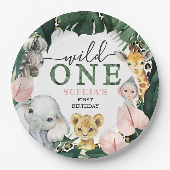 Wild One Safari Animals 1st Birthday Paper Plates (Front)
