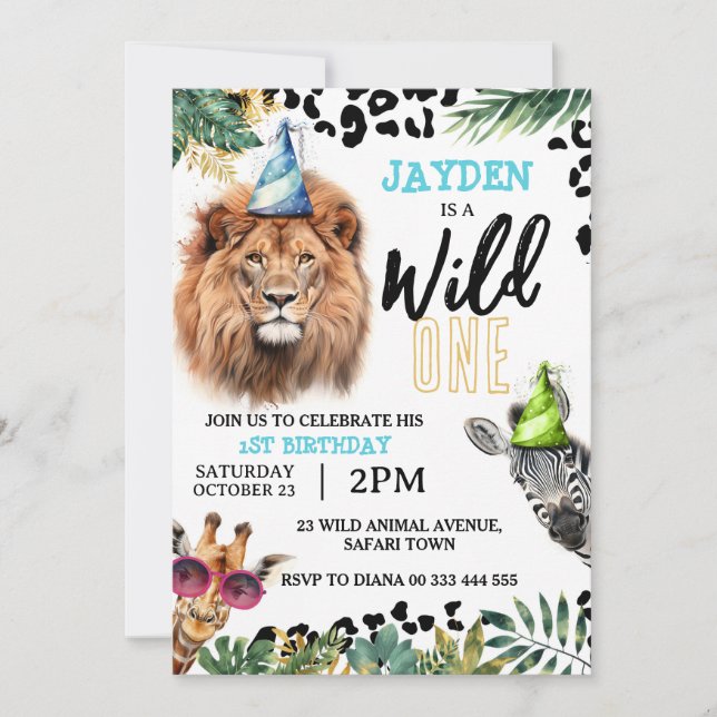 Wild One Safari Animals 1st Birthday Party Invitation (Front)