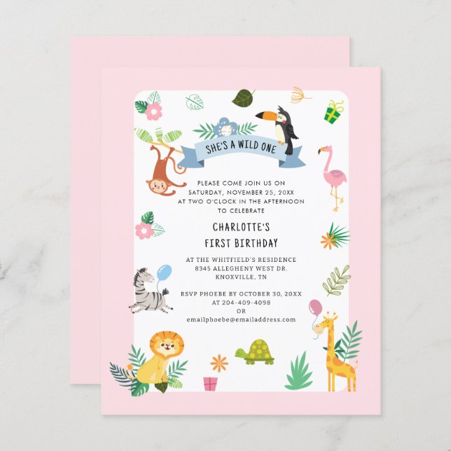 Wild One Safari Animals 1st Birthday Party Invite (Front/Back)