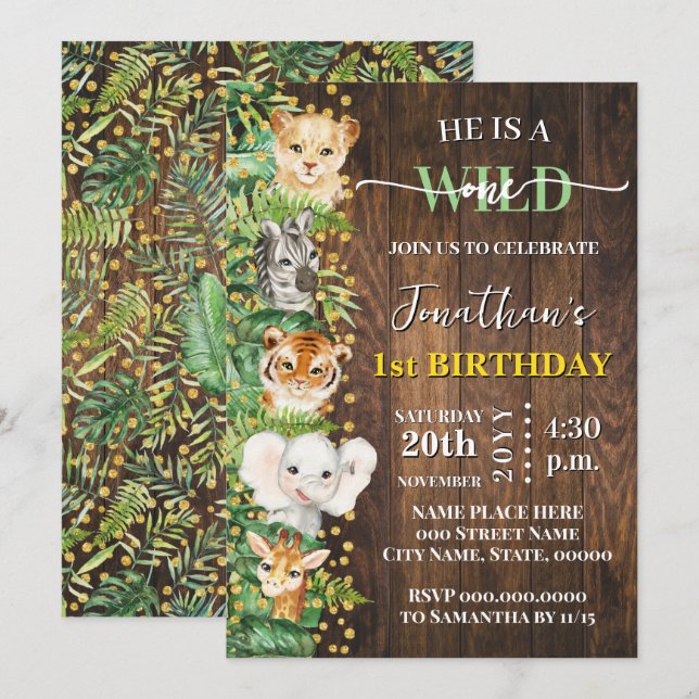 Wild One Safari Animals 1st Birthday Rustic Invitation (Front/Back)