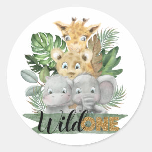 Wild one safari animals and tropical leaves  classic round sticker