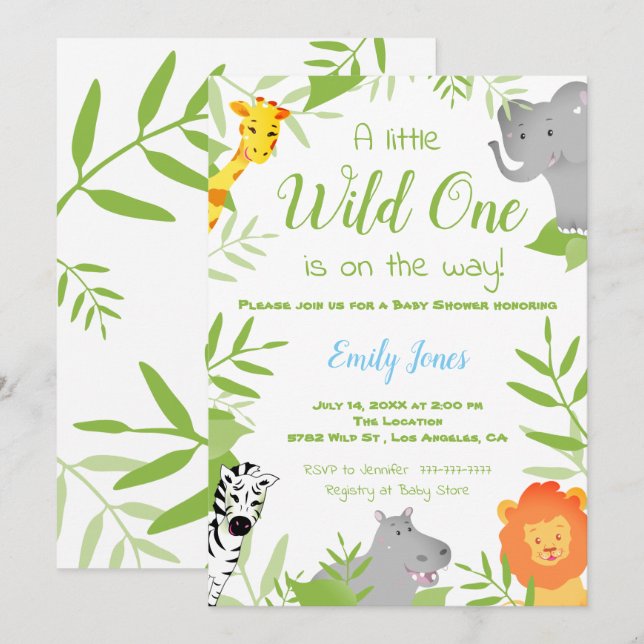 Wild One Safari Animals Baby Shower Boy Invitation (Front/Back)