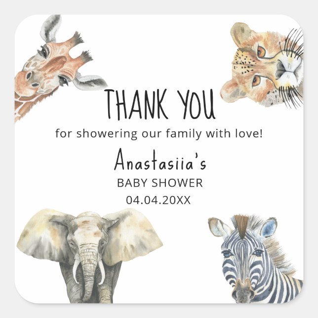 Wild One Safari Animals Baby Shower THANK YOU Square Sticker (Front)