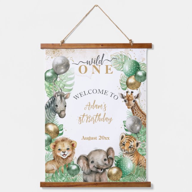 Wild One Safari animals Balloon Baby 1st birthday Hanging Tapestry (Front)