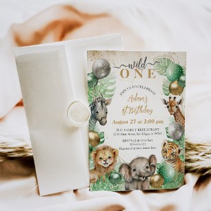 Wild One Safari animals Balloon Baby 1st birthday Invitation