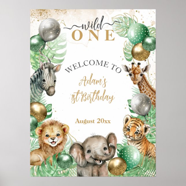 Wild One Safari animals Balloon Baby 1st birthday Poster (Front)