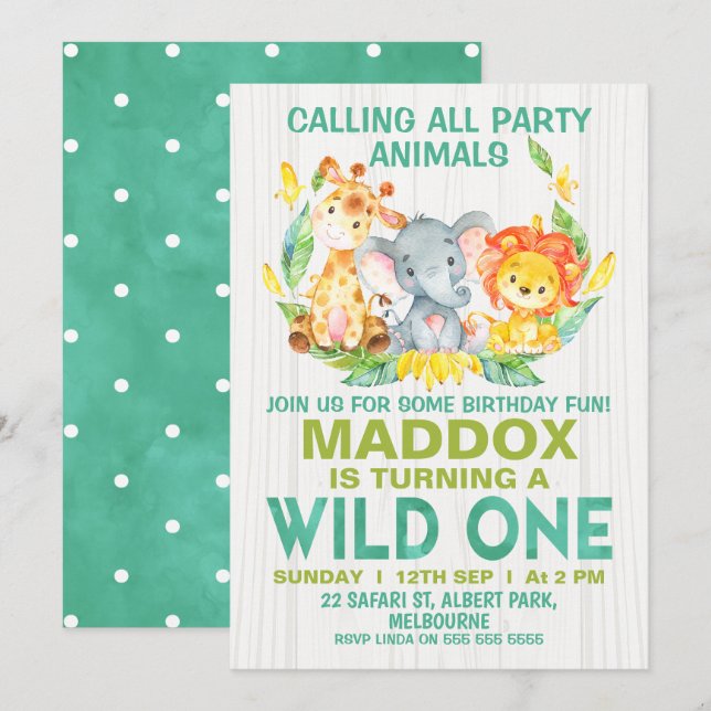 Wild One Safari Animals Birthday Invitation (Front/Back)