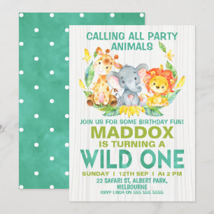 Wild One Safari Animals Birthday Invitation