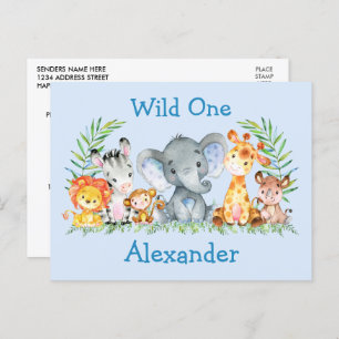 Wild One Safari Animals Birthday Invitation Blue Postcard