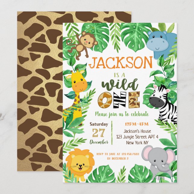 Wild One Safari Animals Birthday Invitations (Front/Back)