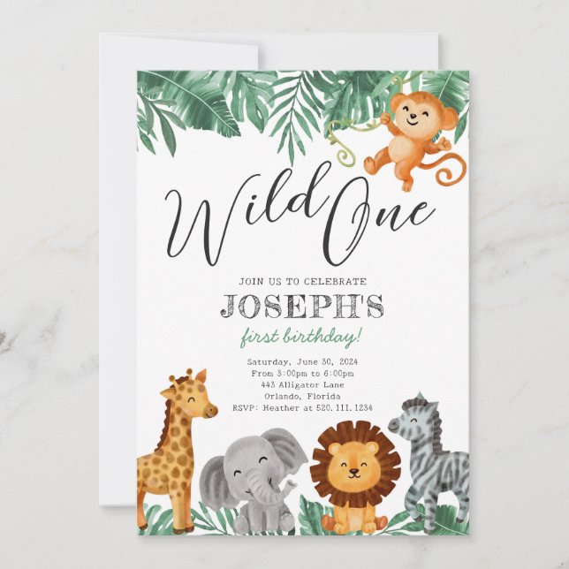 Wild One Safari Animals Birthday Party Invitation (Front)