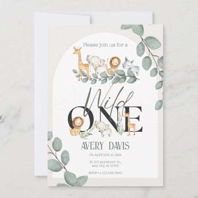 Wild One Safari Animals Birthday Party Invitation (Front)