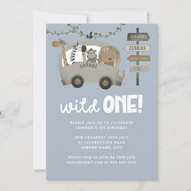 Wild One Safari Animals Blue Boy 1st Birthday  Invitation (Front)