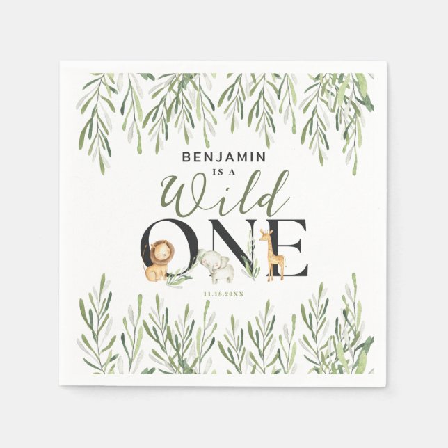 Wild One Safari Animals Boy 1st Birthday Party Napkin (Front)
